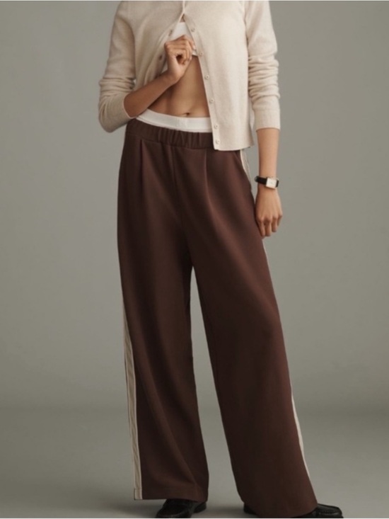 Anthropologie Pants - Maeve for Anthropologie “Aaron” Brown Wide-Leg Track Pants Cream Side Stripe NWT